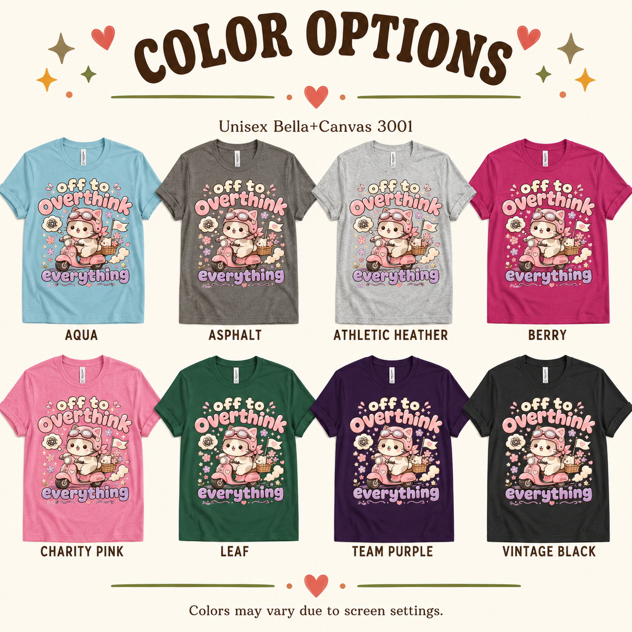 A color chart showing all the color options for Overthink Cat cute animal graphic t-shirt.