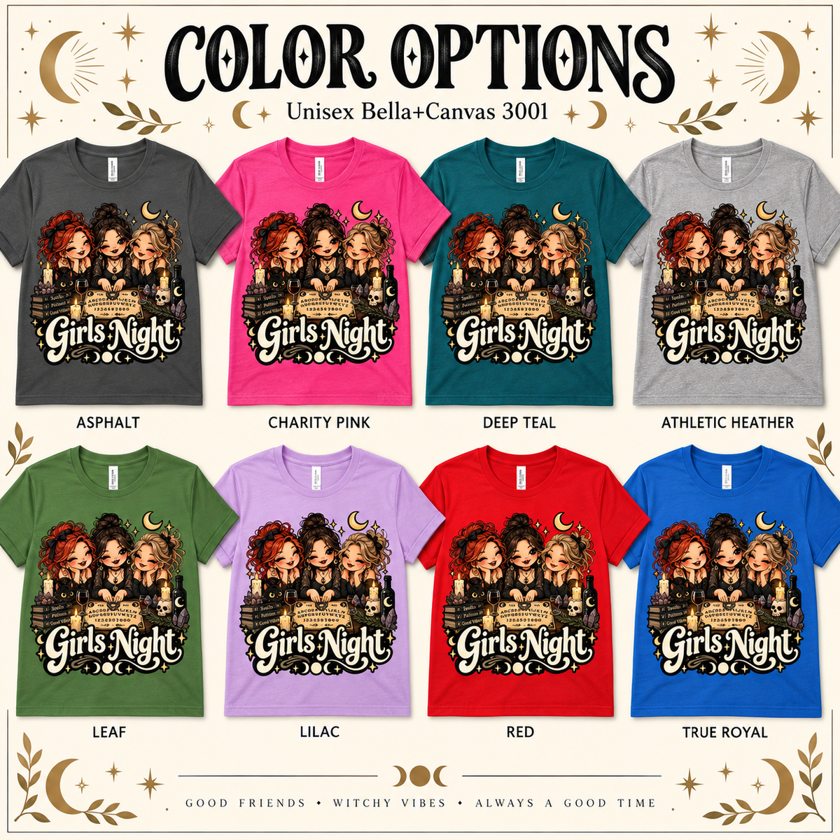 A color chart showing all the color options for Girls Night cute celestial graphic t-shirt.