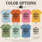 A color chart showing all the color options for Talk Less funny book graphic t-shirt.