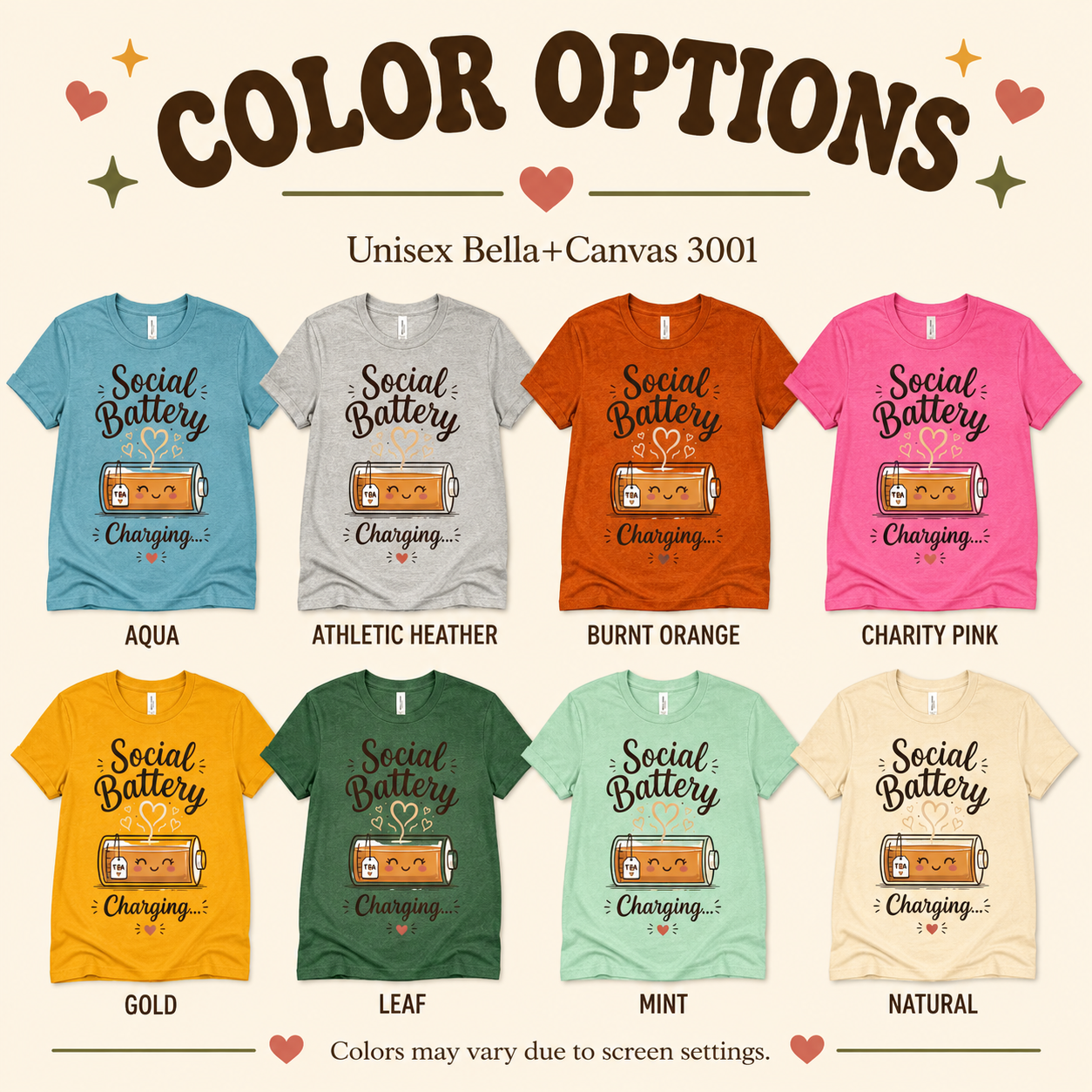 A color chart showing all the color options for Social Battery of Tea graphic t-shirt.