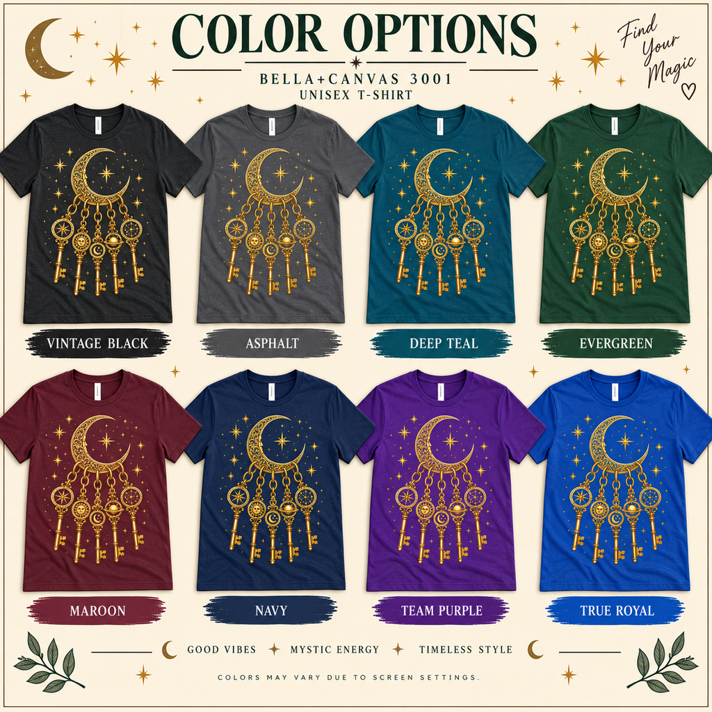A chart showing all the color options for Cosmic Keyring whimsical celestial graphic t-shirt.