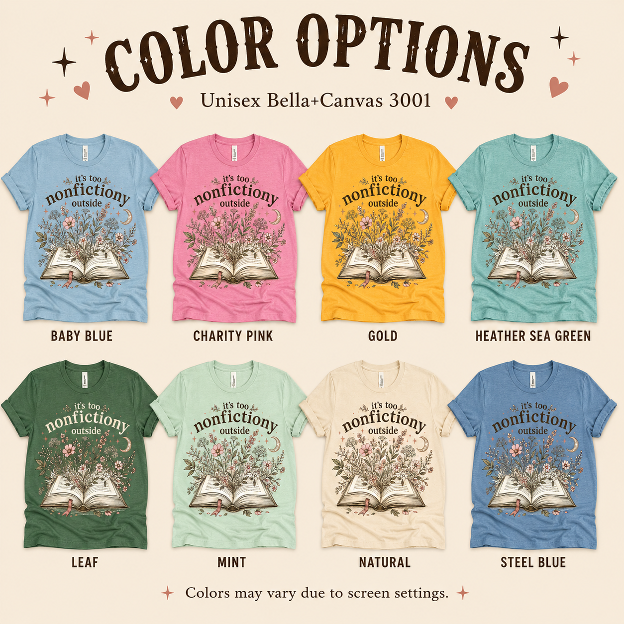 A color chart showing all the color options for Nonfictiony whimsical book graphic t-shirt.