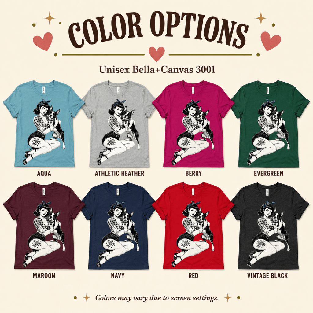 A color chart showing all the color options for Boston Love graphic t-shirt.