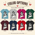 A color chart showing all the color options for Boston Love graphic t-shirt.