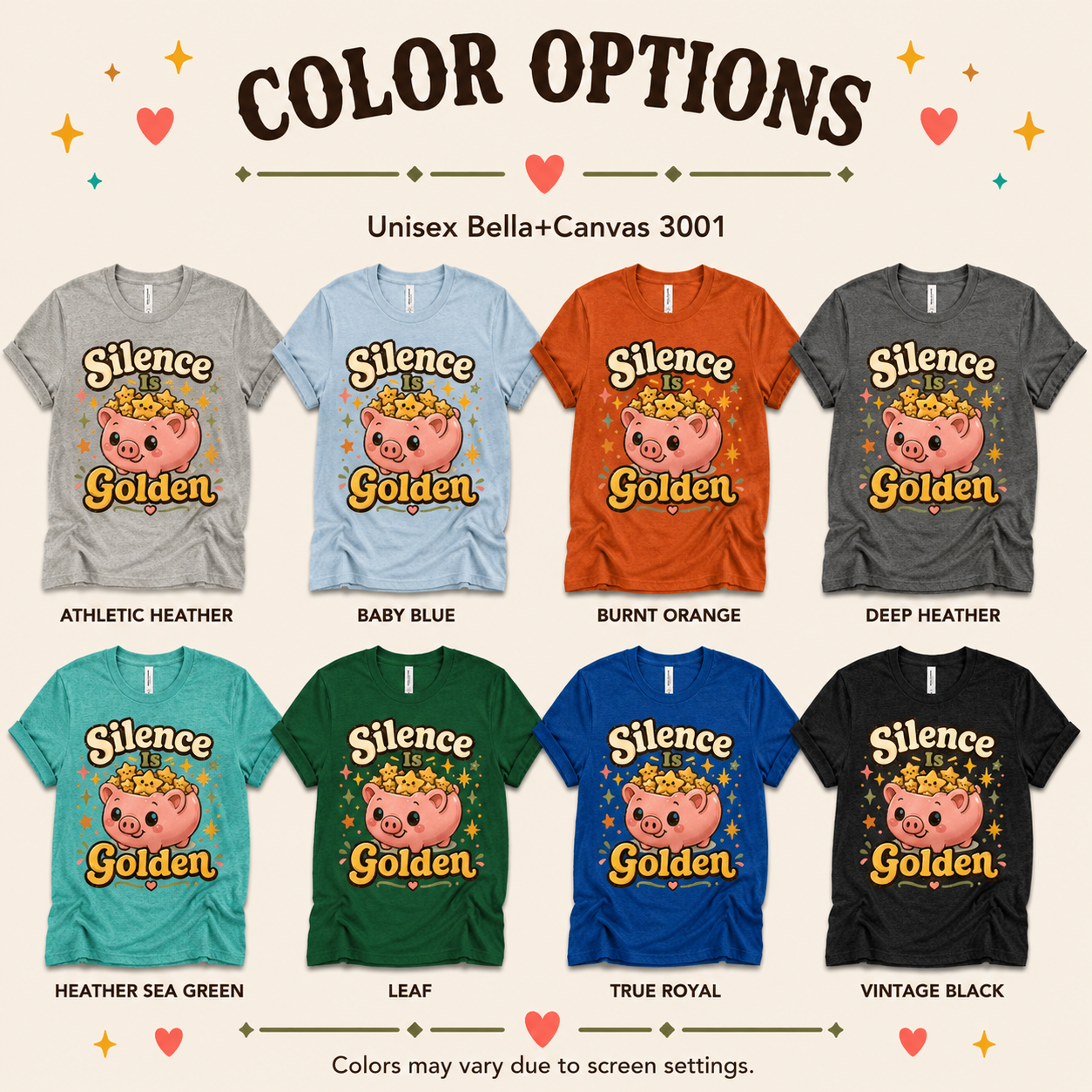 A color chart showing all the color options for Silence Is Golden funny introvert graphic t-shirt.
