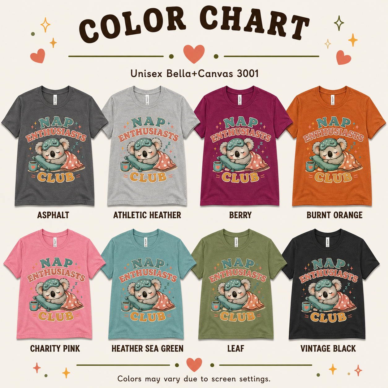 A color chart showing all the color options for Nap Enthusiasts Club cute animal graphic t-shirt.