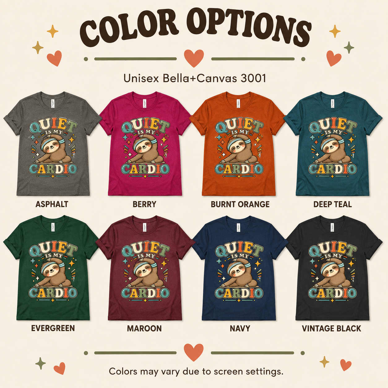 A color chart showing all the color options for Quiet Is My Cardio cute animal graphic t-shirt.