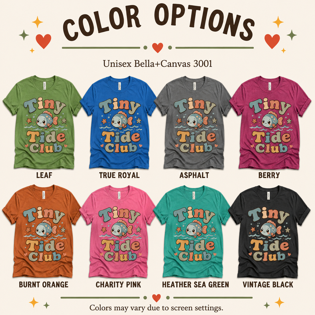 A color chart showing all the color options for Tiny Tide Club cute animal graphic t-shirt.