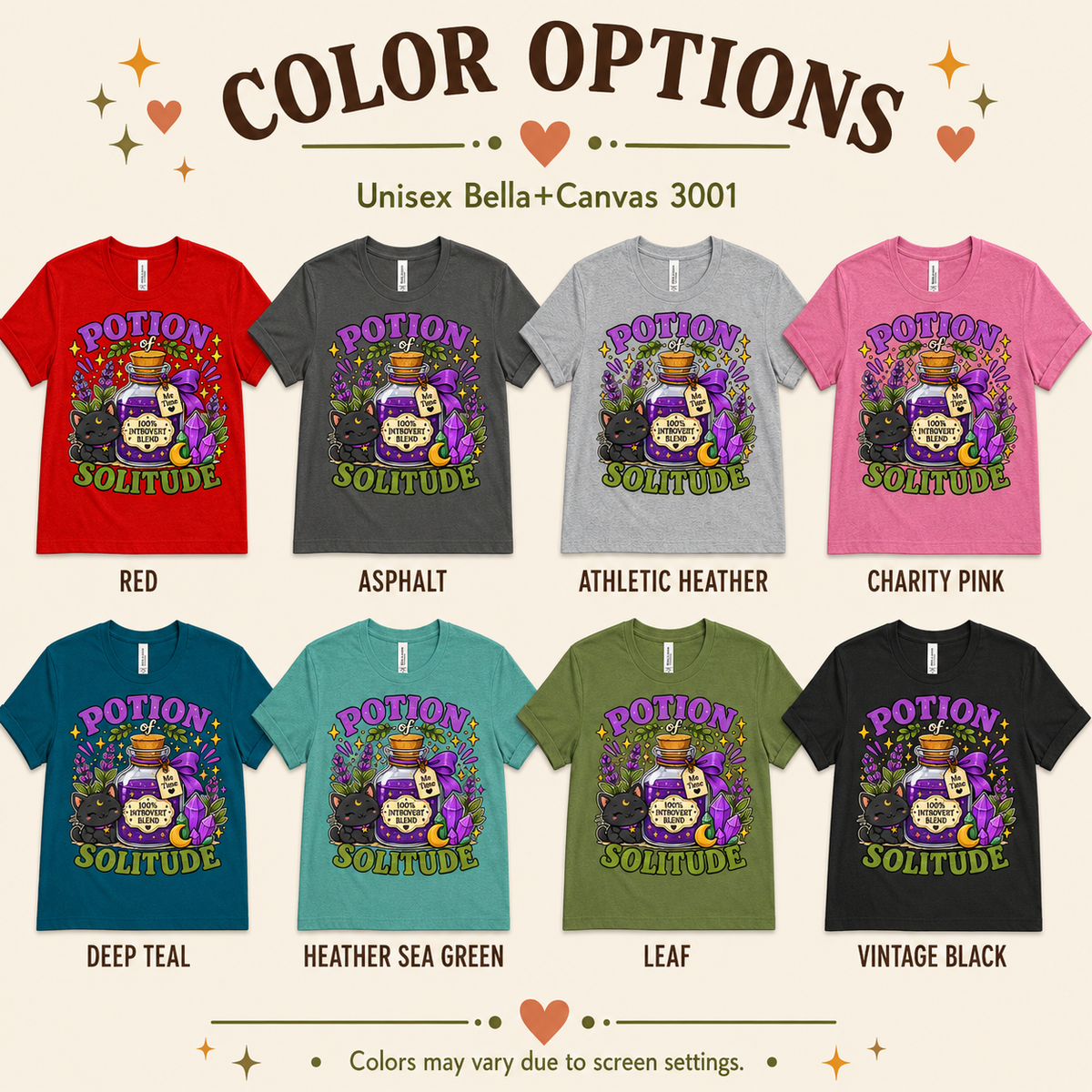 A color chart showing all the color options for Potion Of Solitude cute witchy graphic t-shirt.