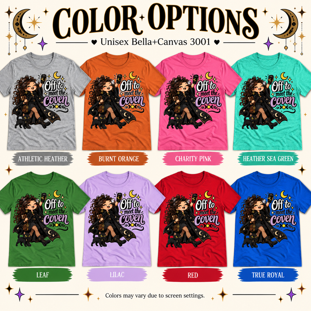 A color chart showing all the color options for Off to Meet the Coven witchy celestial graphic t-shirt.