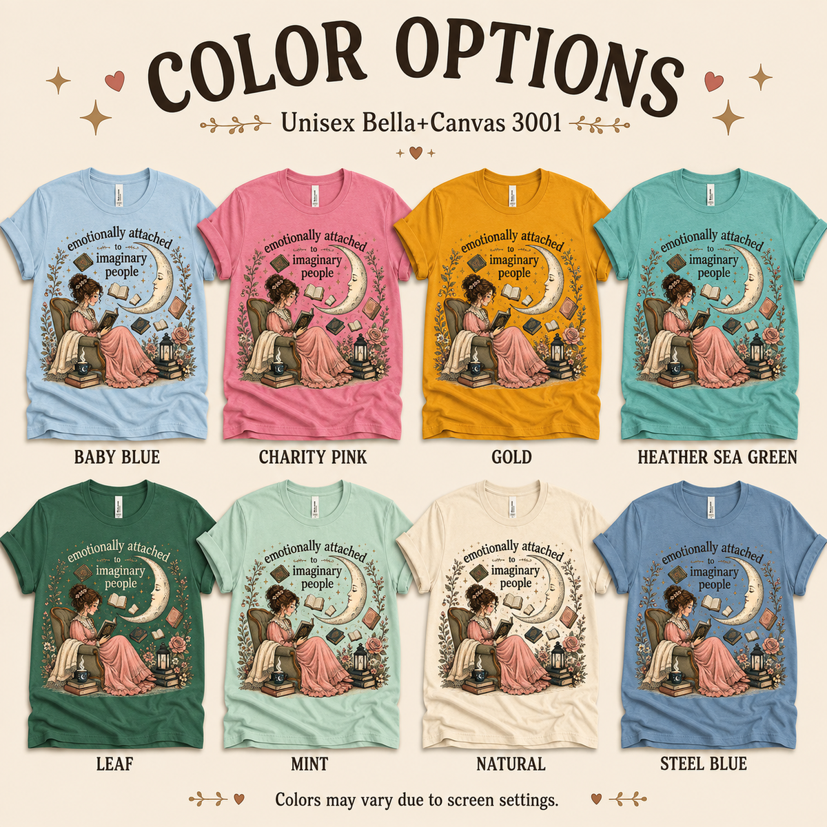 A color chart showing all the color options for Imaginary People cute book graphic t-shirt.