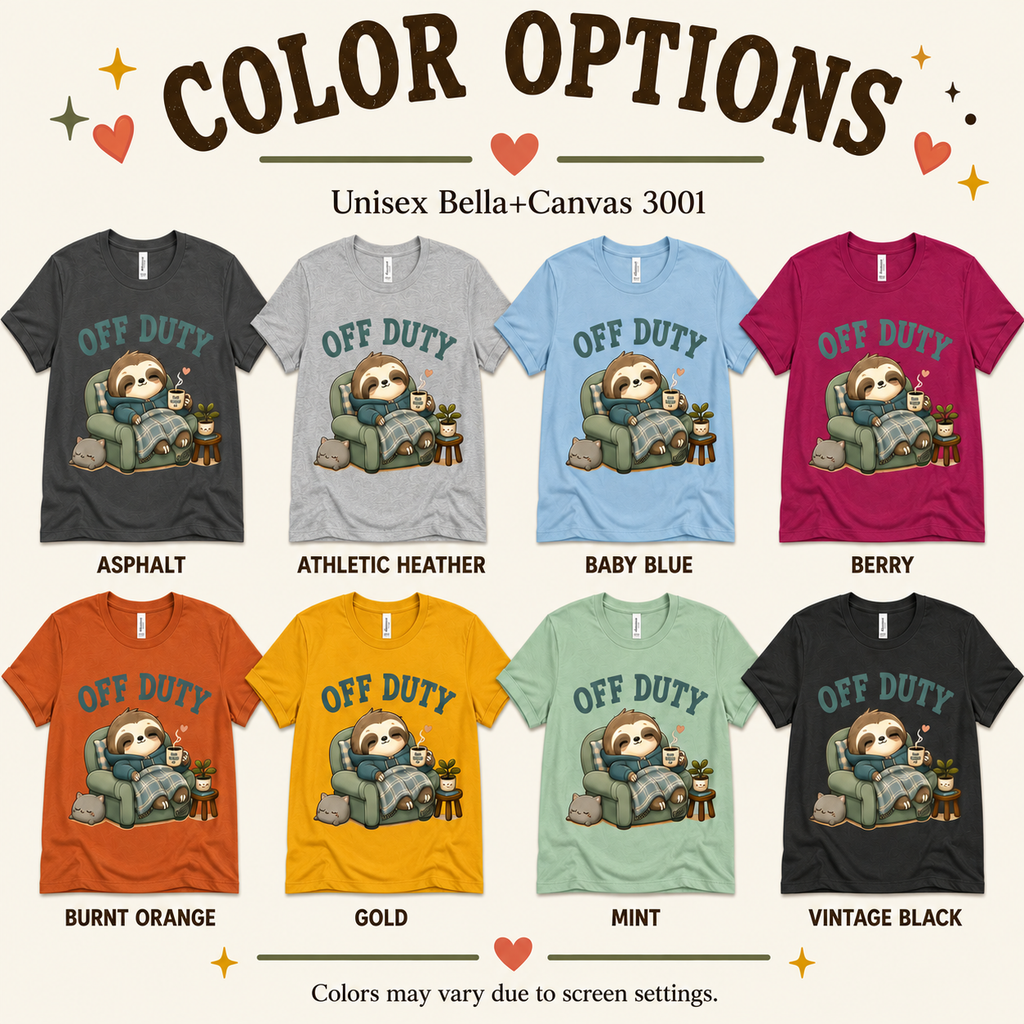 A color chart showing all the color options for Off Duty cute animal graphic t-shirt.