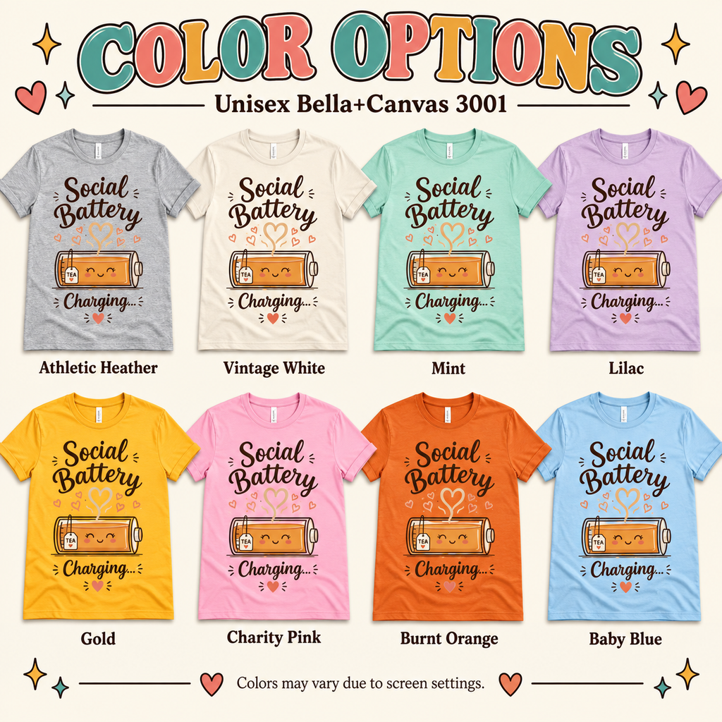 A color chart showing all the color options for Social Battery Tea cute tea graphic t-shirt.