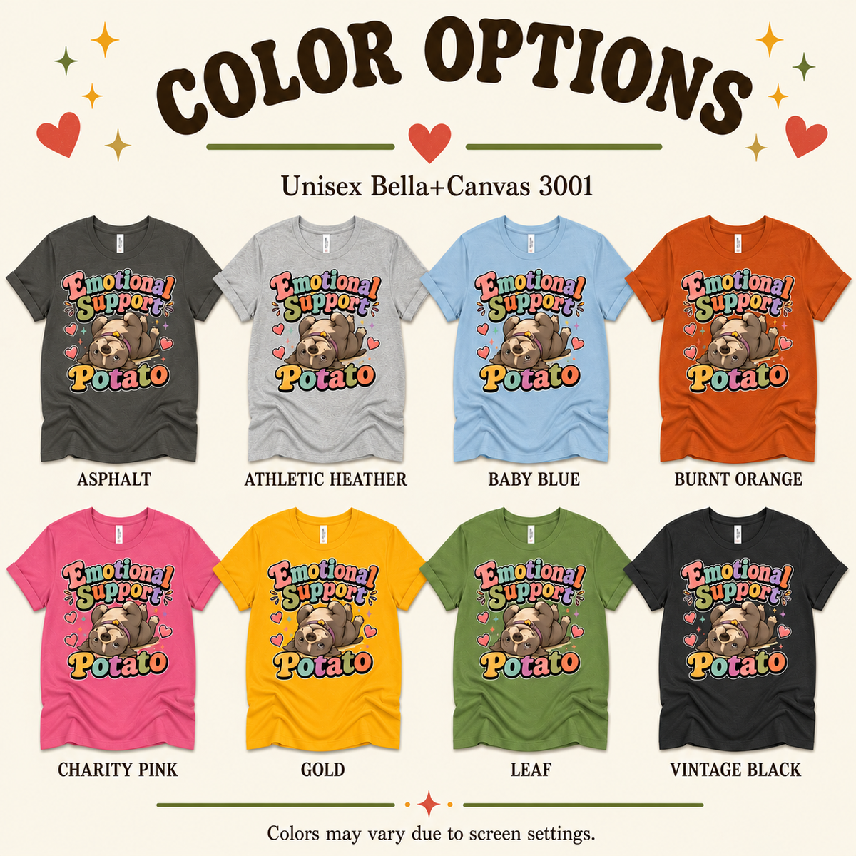 A color chart showing all the color options for Emotional Support Potato cute animal graphic t-shirt.