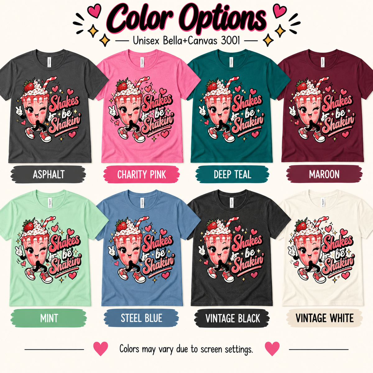 A color chart showing all the color options for Shakes be Shakin' retro food graphic t-shirt.
