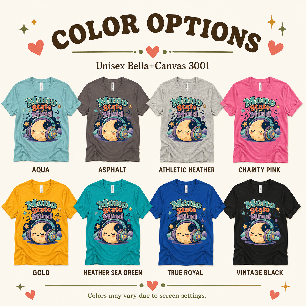 A color chart showing all the color options for Mono State Of Mind funny introvert graphic t-shirt.