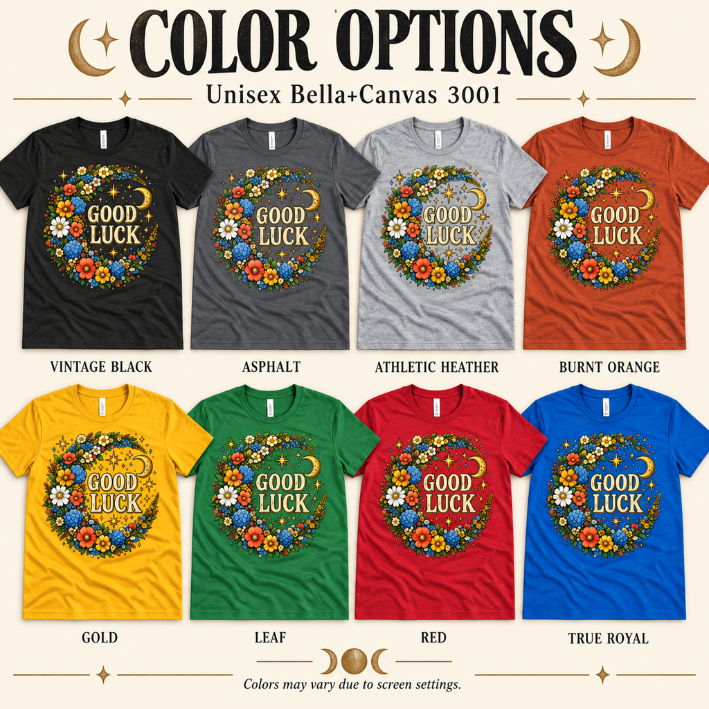 A color chart showing all the color options for Good Luck in Gold cute celestial graphic t-shirt.
