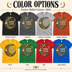 A color chart showing all the color options for Good Luck in Gold cute celestial graphic t-shirt.
