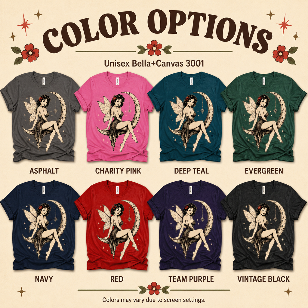 A color chart showing all the color options for Red Rose Moon pinup fairy graphic t-shirt.