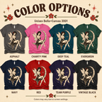 A color chart showing all the color options for Red Rose Moon pinup fairy graphic t-shirt.