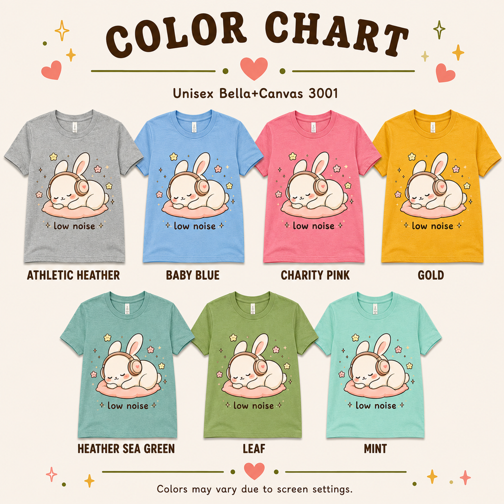 A color chart showing all the color options for Low Noise Bunny cute animal graphic t-shirt.