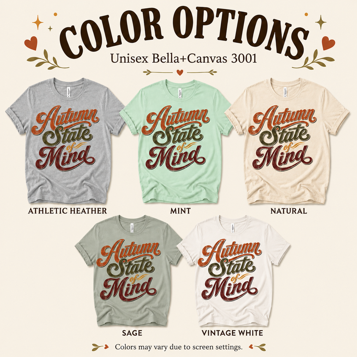 A color chart showing all the color options for Autumn State of Mind cute fall graphic t-shirt.