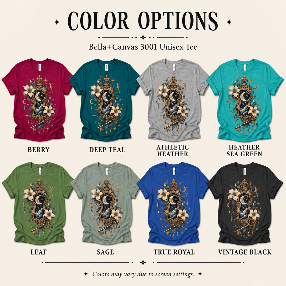 A color chart showing all the color options for Cosmic Keyhole mystical graphic t-shirt.