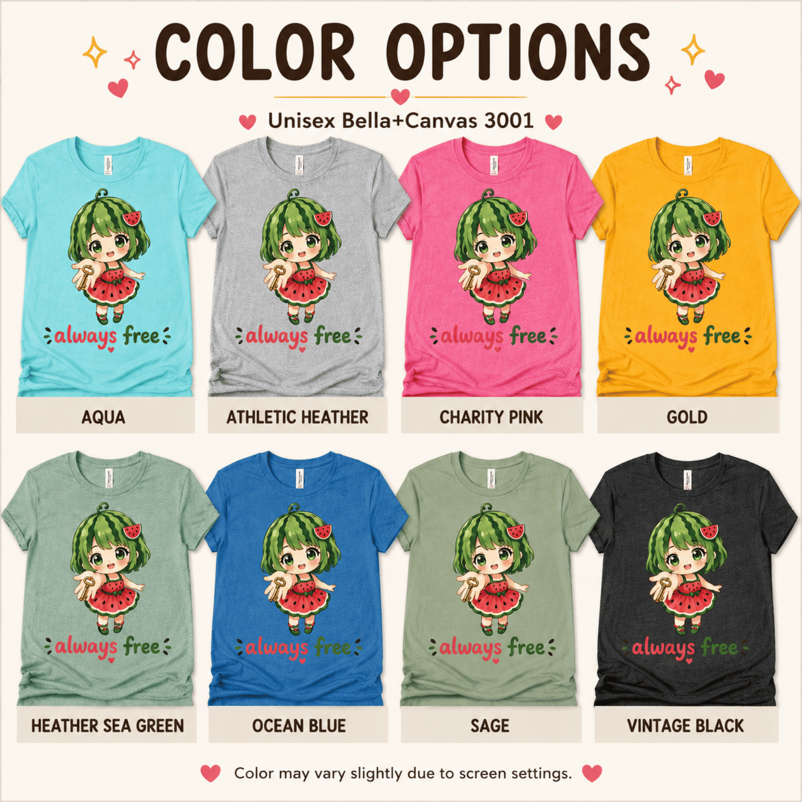 Color chart of Always Free graphic t-shirt.