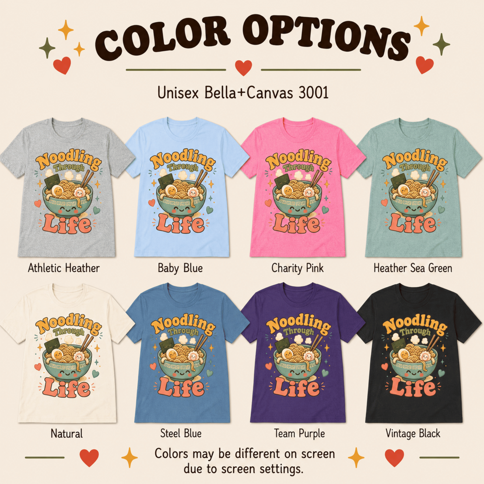 Noodling Through Life color chart showing all color options available for this graphic t-shirt.