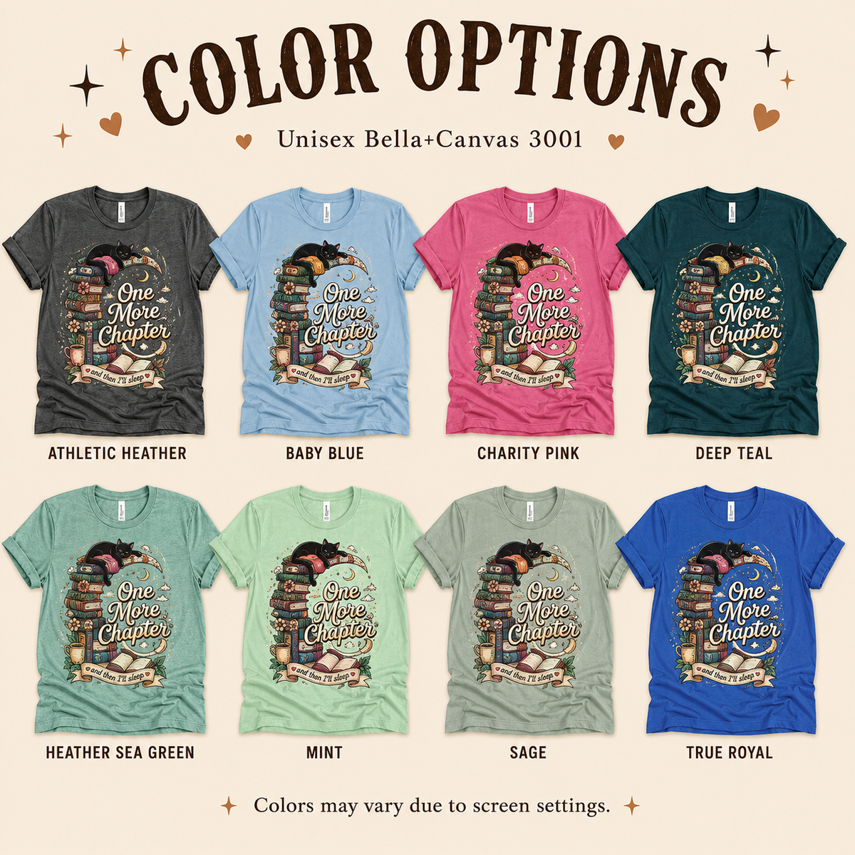 A color chart showing all the color options for One More Chapter cute book graphic t-shirt.