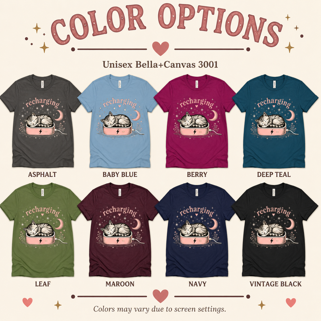 A color chart showing all the color options for Recharging Cat cute animal graphic t-shirt.