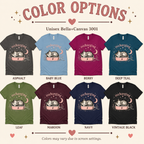 A color chart showing all the color options for Recharging Cat cute animal graphic t-shirt.