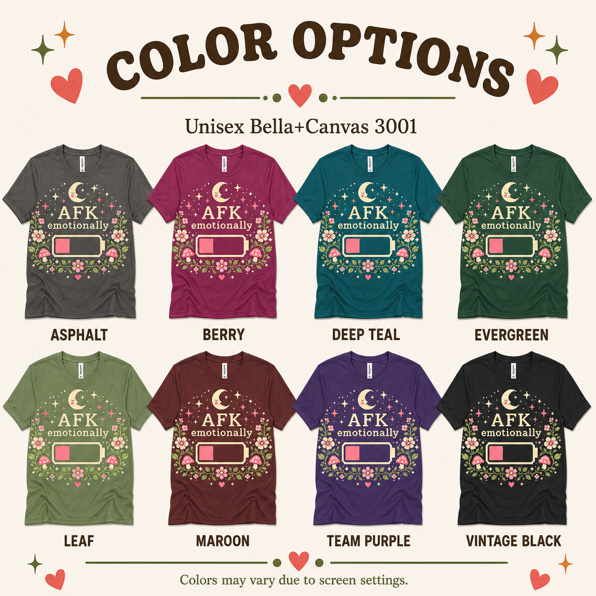 A color chart showing all the color options for AFK funny introvert graphic t-shirt.