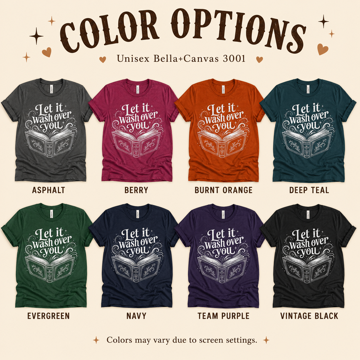 A color chart showing all the color options for Let It Wash Over You whimsical book graphic t-shirt.
