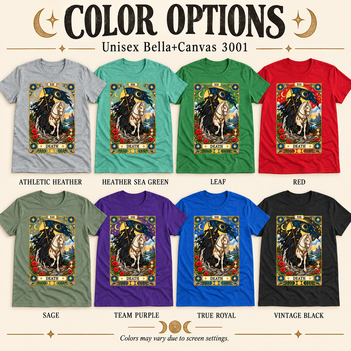 A color chart showing all the color options for Death tarot card graphic t-shirt.