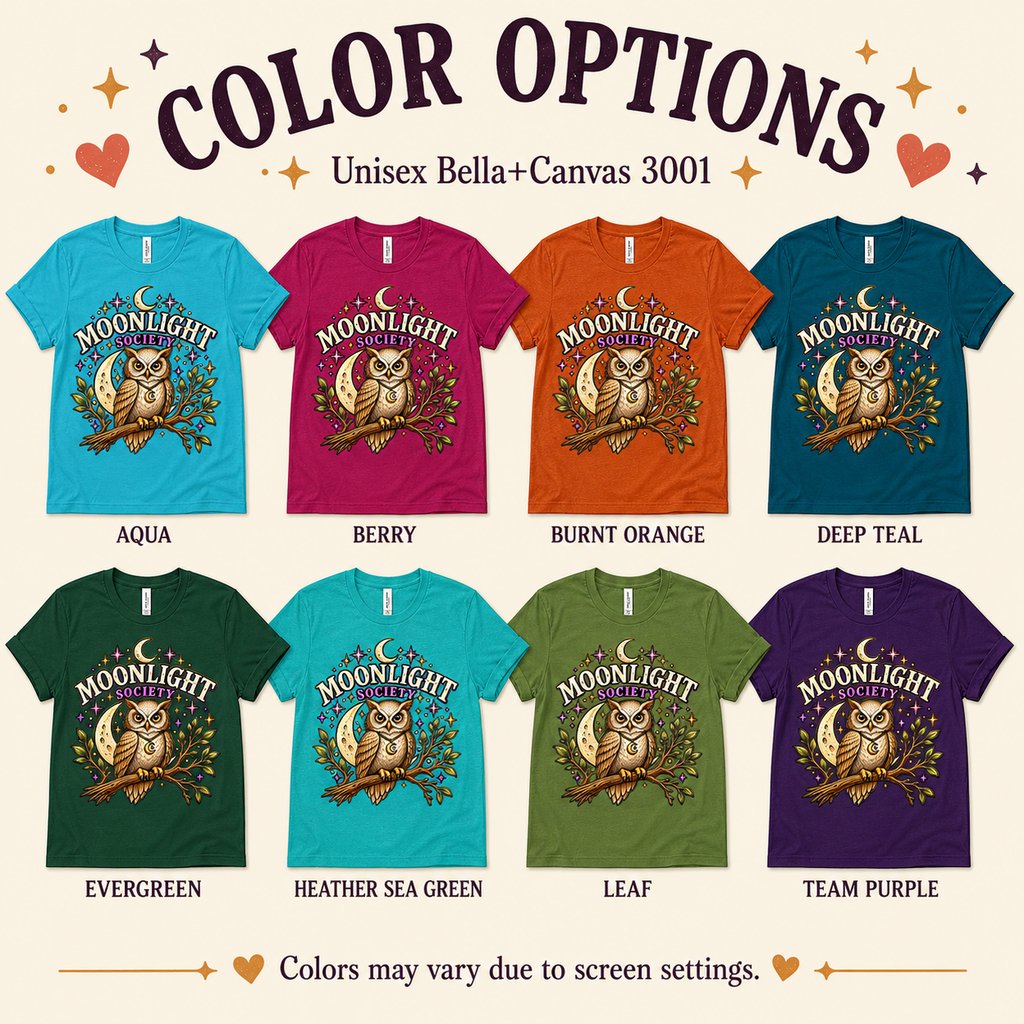 A color chart showing all the color options for Moonlight Society cute celestial graphic t-shirt.