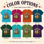 A color chart showing all the color options for Moonlight Society cute celestial graphic t-shirt.