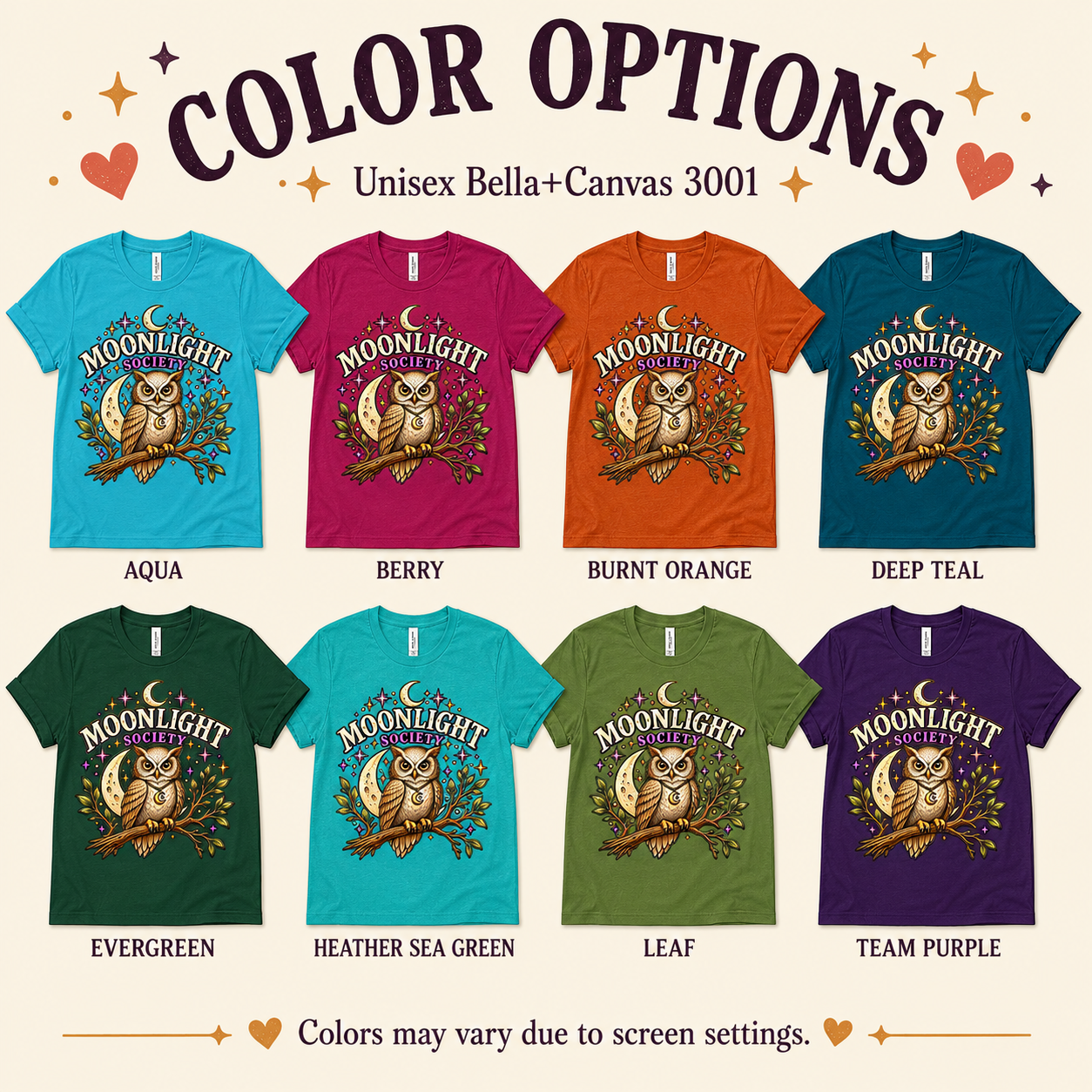 A color chart showing all the color options for Moonlight Society cute celestial graphic t-shirt.