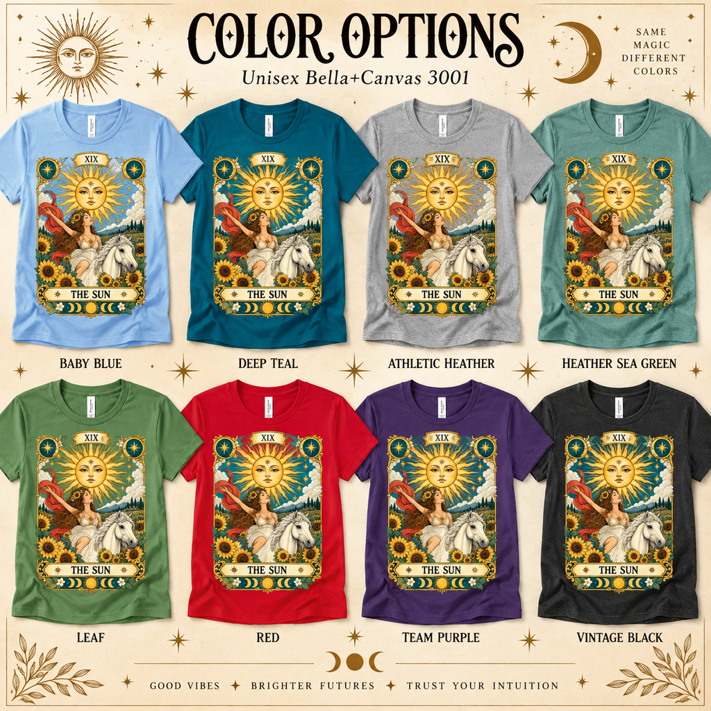 A color chart showing all the color options for The Sun tarot card graphic t-shirt.