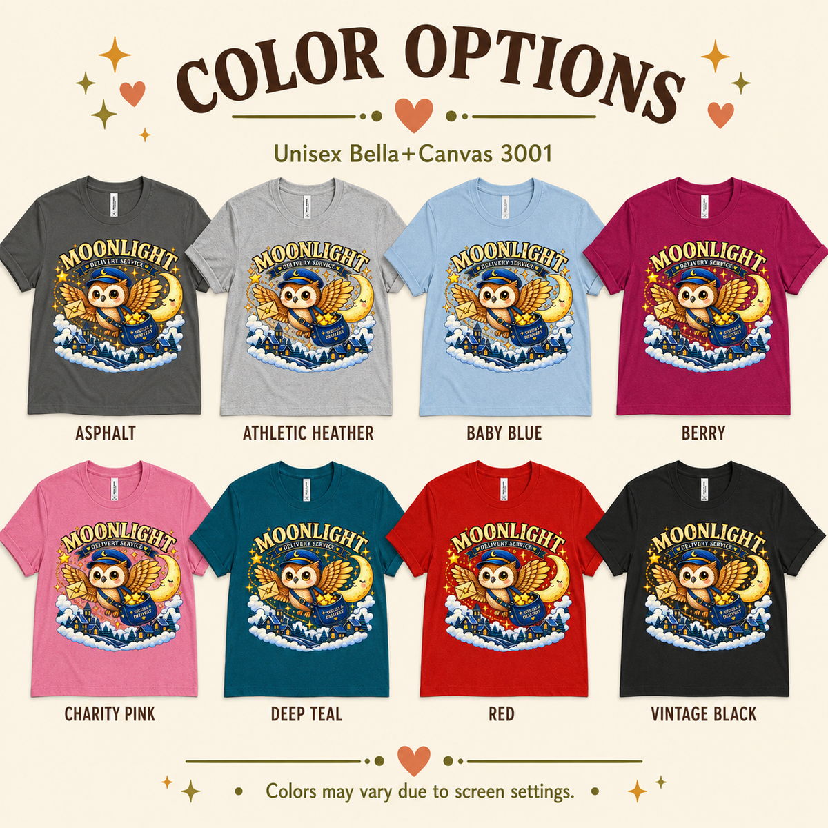 A color chart showing all the color options for Moonlight Society cute animal graphic t-shirt.