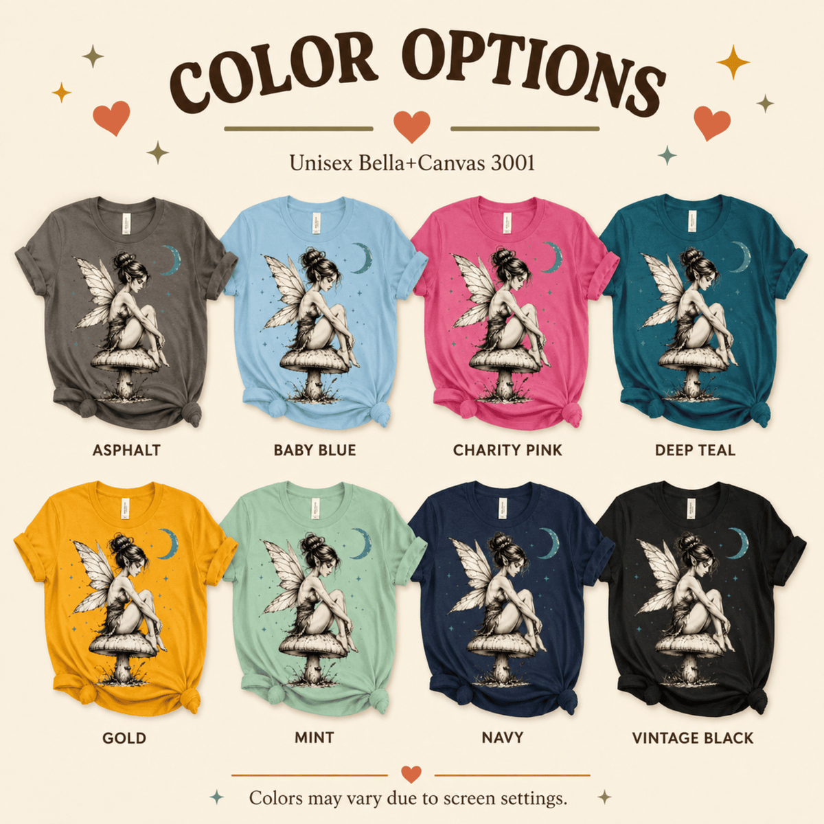 A color chart showing all the color options for Mushroom Fairy graphic t-shirt.