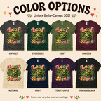 A color chart showing all the color options for Leaf Me Alone funny plant graphic t-shirt.
