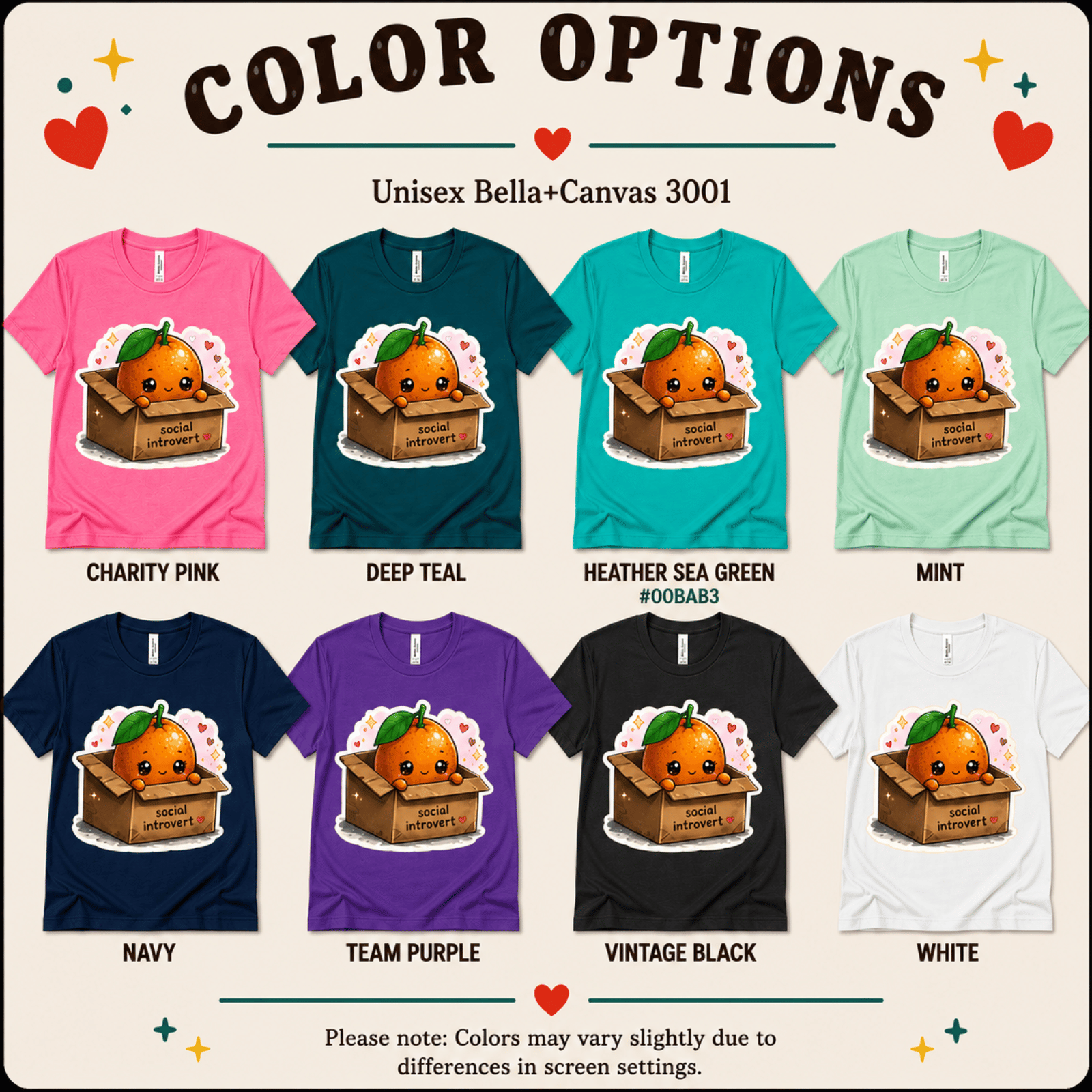 Orange Box color chart showing all color options available for this graphic t-shirt.
