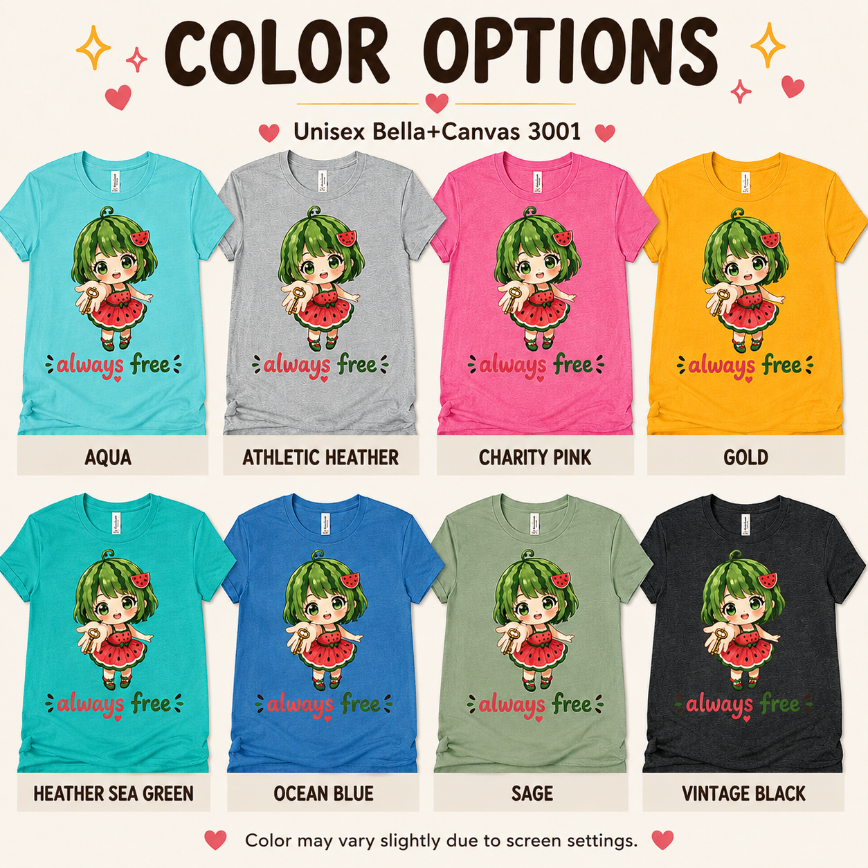 Always Free color chart showing all color options available for this graphic t-shirt.