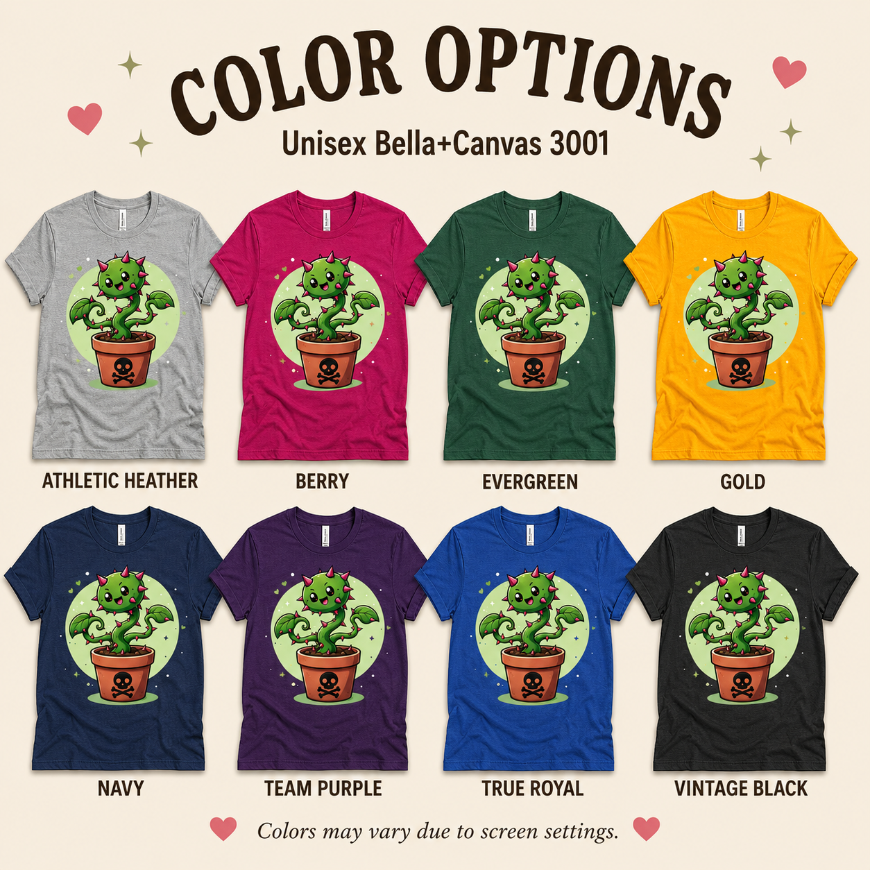 A color chart showing all the color options for Poison Ivy funny nature graphic t-shirt.
