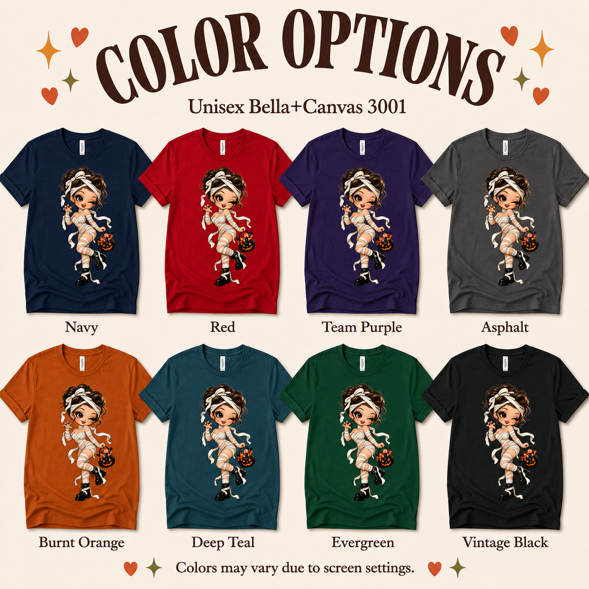 A color chart showing all the color options for Mummy Mimi halloween pinup graphic t-shirt.