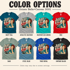 A color chart showing all the color options for Just One More retro coffee graphic t-shirt.