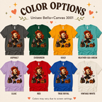 A color chart showing all the color options for Witchy Wendy halloween pinup graphic t-shirt.