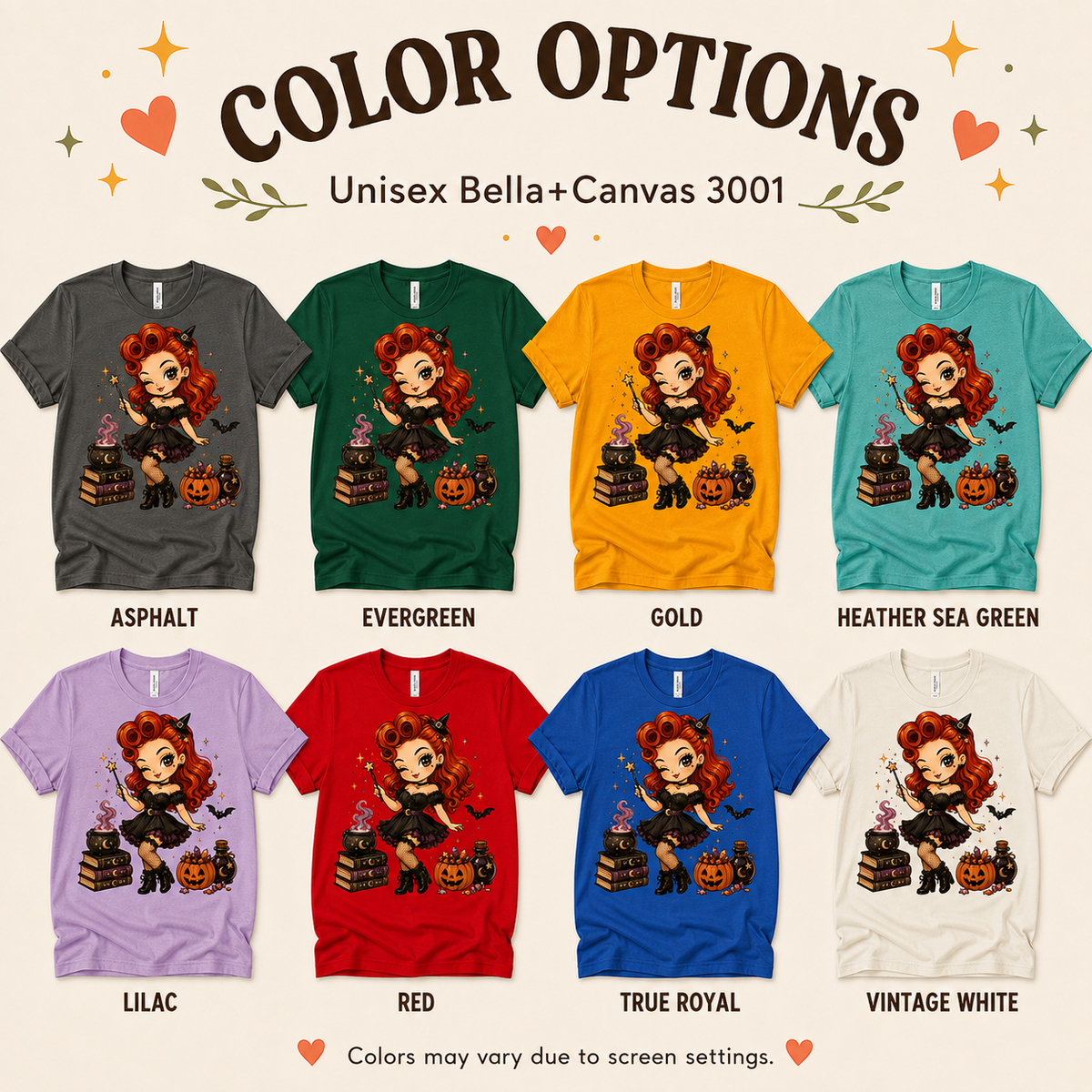 A color chart showing all the color options for Witchy Wendy halloween pinup graphic t-shirt.