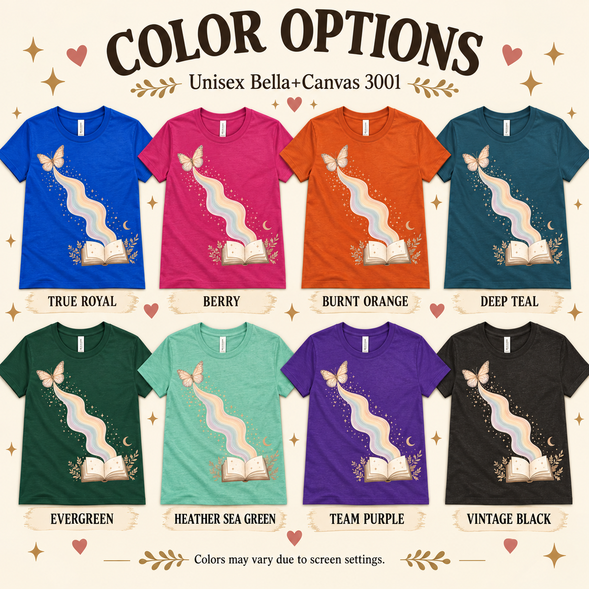 A chart showing all the colors Rainbow Book whimsical book graphic t-shirt comes in.